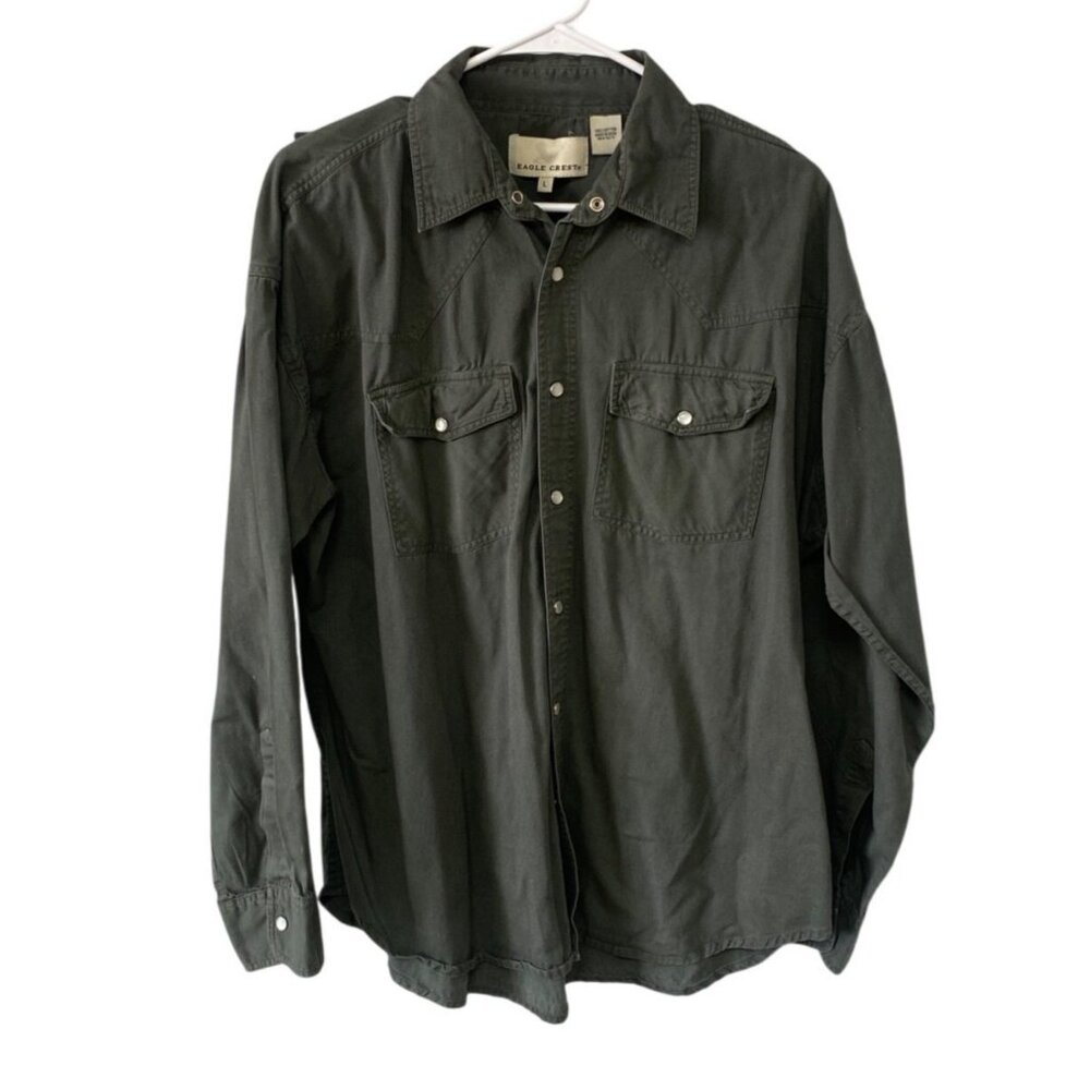 Eagle Crest Mens Green Button-Up Long Sleeve Shirt L 100% Cotton Western Style